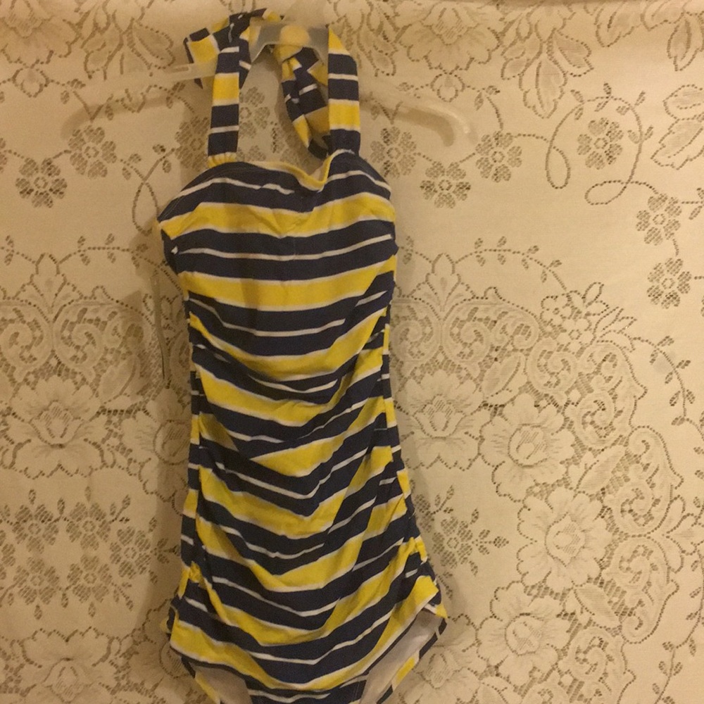 Kingdom & State 1-piece Swim suit Size XS NEW Yellow Blue & White Modest Beauty